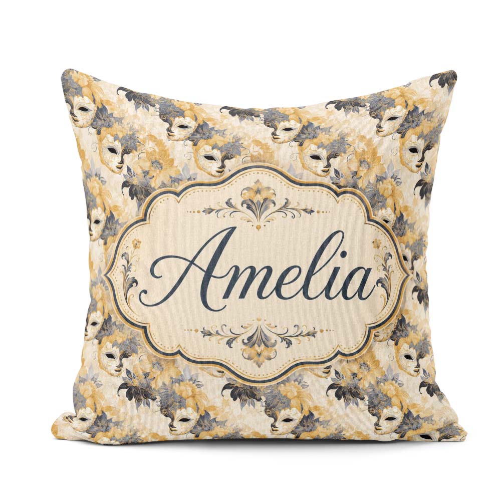Custom Name Soft Blue and Gold Floral Mask with Elegant Seamless Square Filled Cushion Throw Pillow Sofa Bed Home Decor Zip Washable UK Made