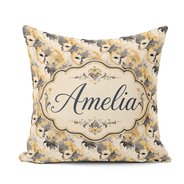 Custom Name Soft Blue and Gold Floral Mask with Elegant Seamless Square Filled Cushion Throw Pillow Sofa Bed Home Decor Zip Washable UK Made