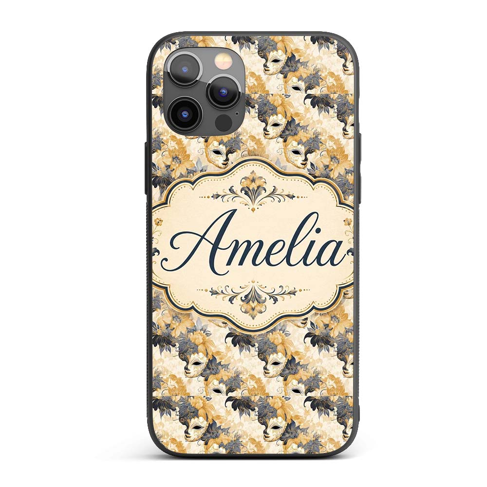 Soft Blue and Gold Floral Mask Printed Design Custom Name Protective Phone Case Mobile Cover Durable Everyday Smartphone Shock Resistant