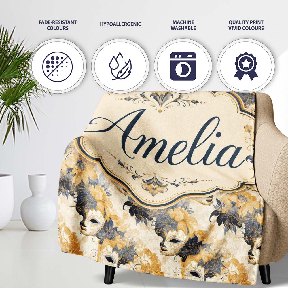 Soft Blue and Gold Floral Mask Design with Elegant Details Seamless  Personalised Custom Name Super Soft Fleece Blanket Bed Sofa Throw