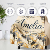 Soft Blue and Gold Floral Mask Design with Elegant Details Seamless  Personalised Custom Name Super Soft Fleece Blanket Bed Sofa Throw