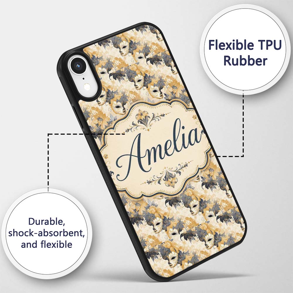 Soft Blue and Gold Floral Mask Printed Design Custom Name Protective Phone Case Mobile Cover Durable Everyday Smartphone Shock Resistant