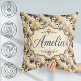 Custom Name Soft Blue and Gold Floral Mask with Elegant Seamless Square Filled Cushion Throw Pillow Sofa Bed Home Decor Zip Washable UK Made