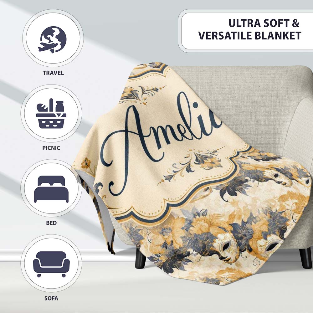 Soft Blue and Gold Floral Mask Design with Elegant Details Seamless  Personalised Custom Name Super Soft Fleece Blanket Bed Sofa Throw