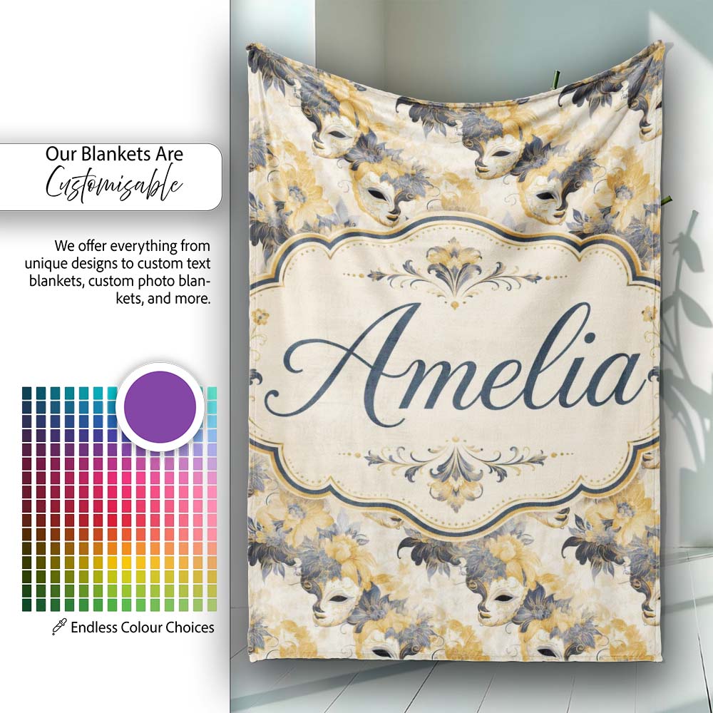 Soft Blue and Gold Floral Mask Design with Elegant Details Seamless  Personalised Custom Name Super Soft Fleece Blanket Bed Sofa Throw