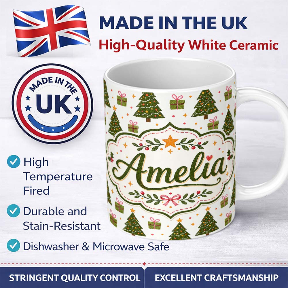 Personalized Custom Name Minimal Christmas Trees with Small Gifts Cute Holiday Seamless 11oz Ceramic Coffee Tea Mug White Large Handle
