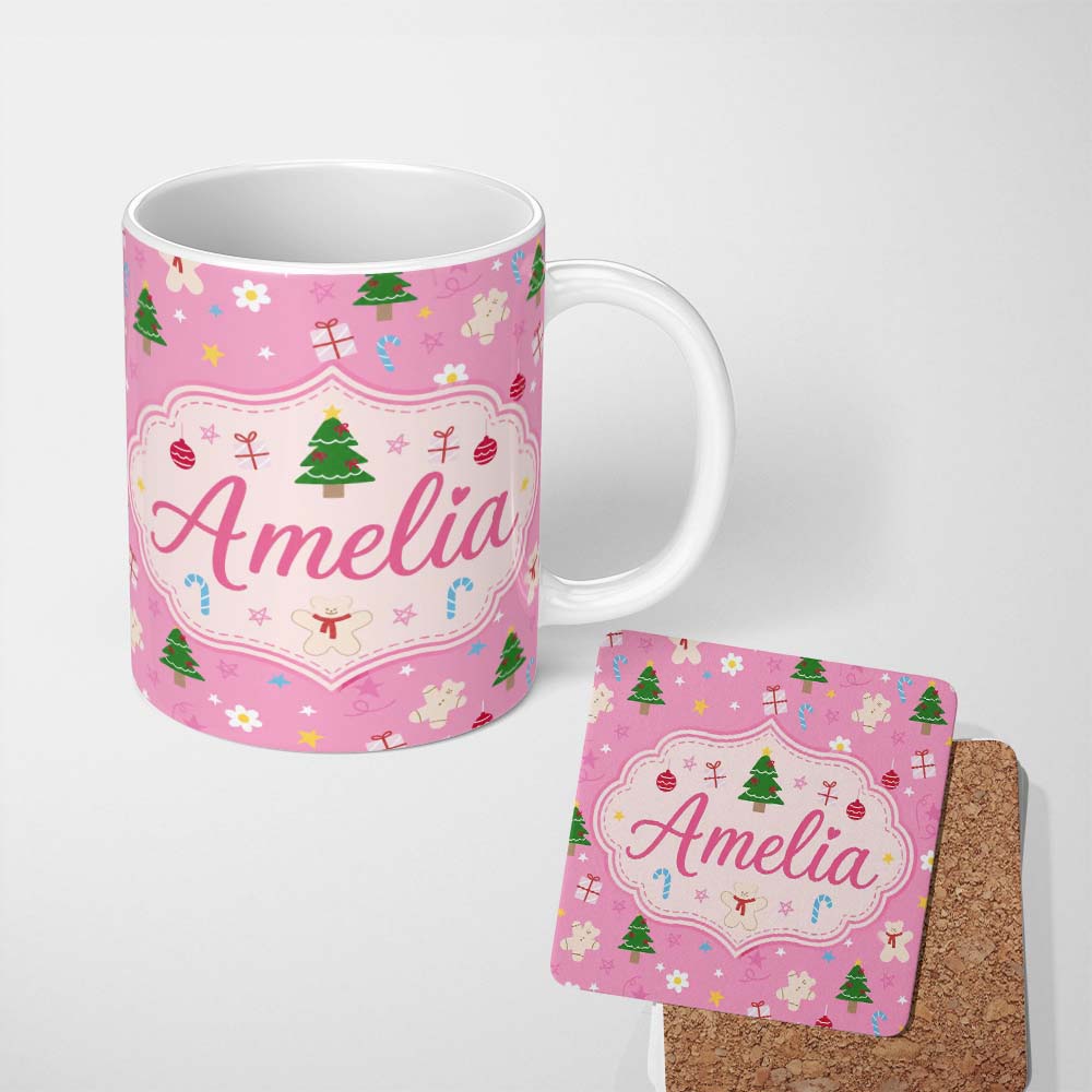 Personalized Custom Name Cute Christmas Tree Gingerbread Cookie Candy Cane Seamless Pattern 11oz Ceramic Coffee Tea Mug White Large Handle
