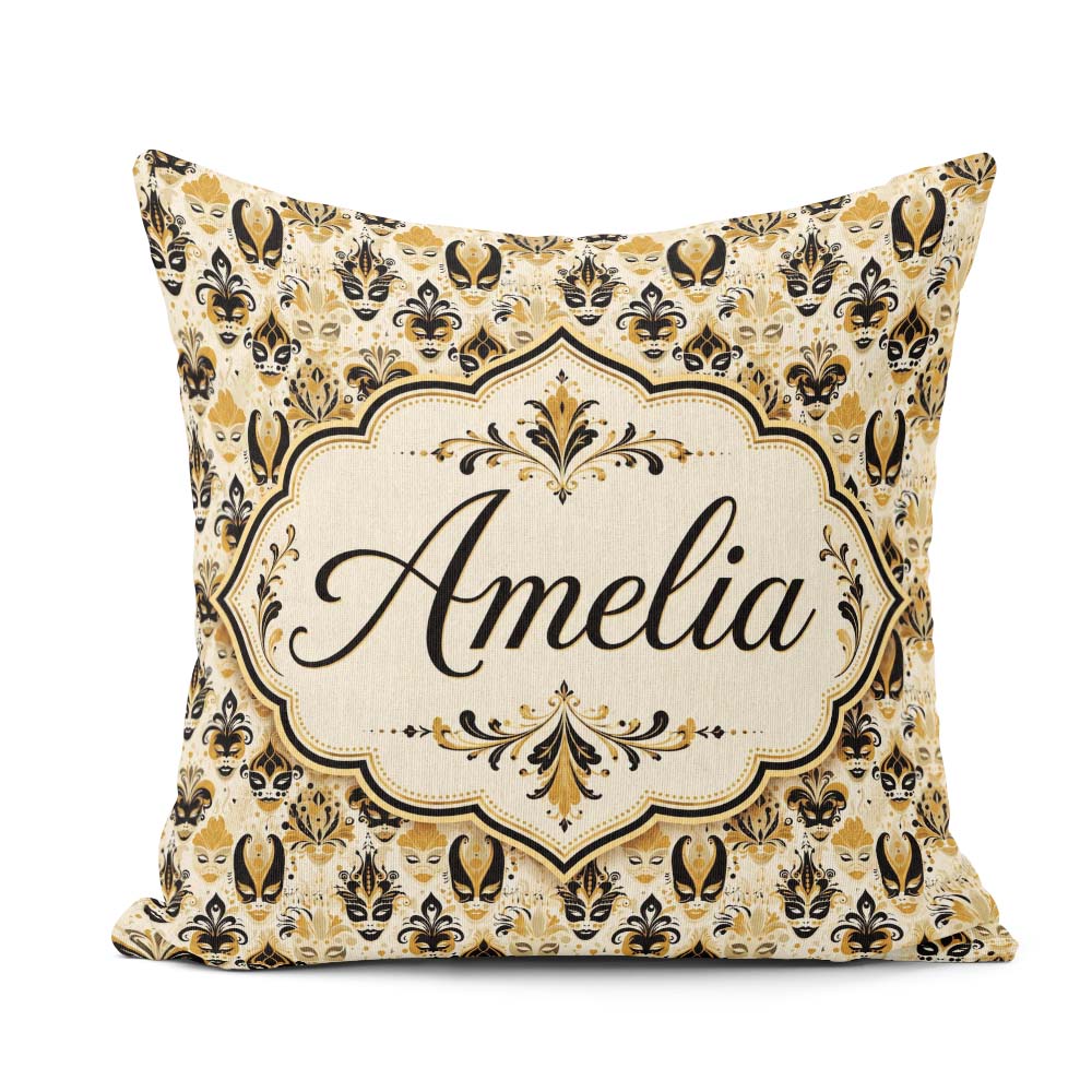 Custom Name Classic Black and Gold Mask Pattern Swirling Details Square Filled Cushion Throw Pillow Sofa Bed Home Decor Zip Washable UK Made