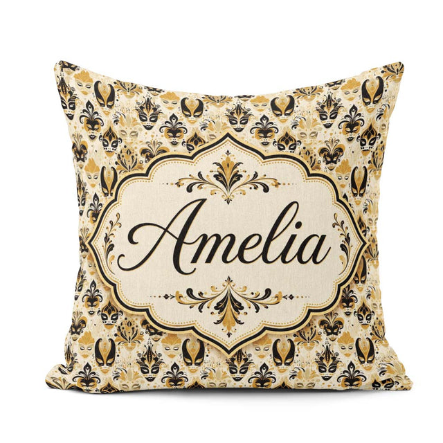 Custom Name Classic Black and Gold Mask Pattern Swirling Details Square Filled Cushion Throw Pillow Sofa Bed Home Decor Zip Washable UK Made