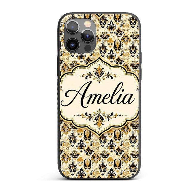 Classic Black and Gold Mask Pattern with Swirling Custom Name Protective Phone Case Mobile Cover Durable Everyday Smartphone Shock Resistant