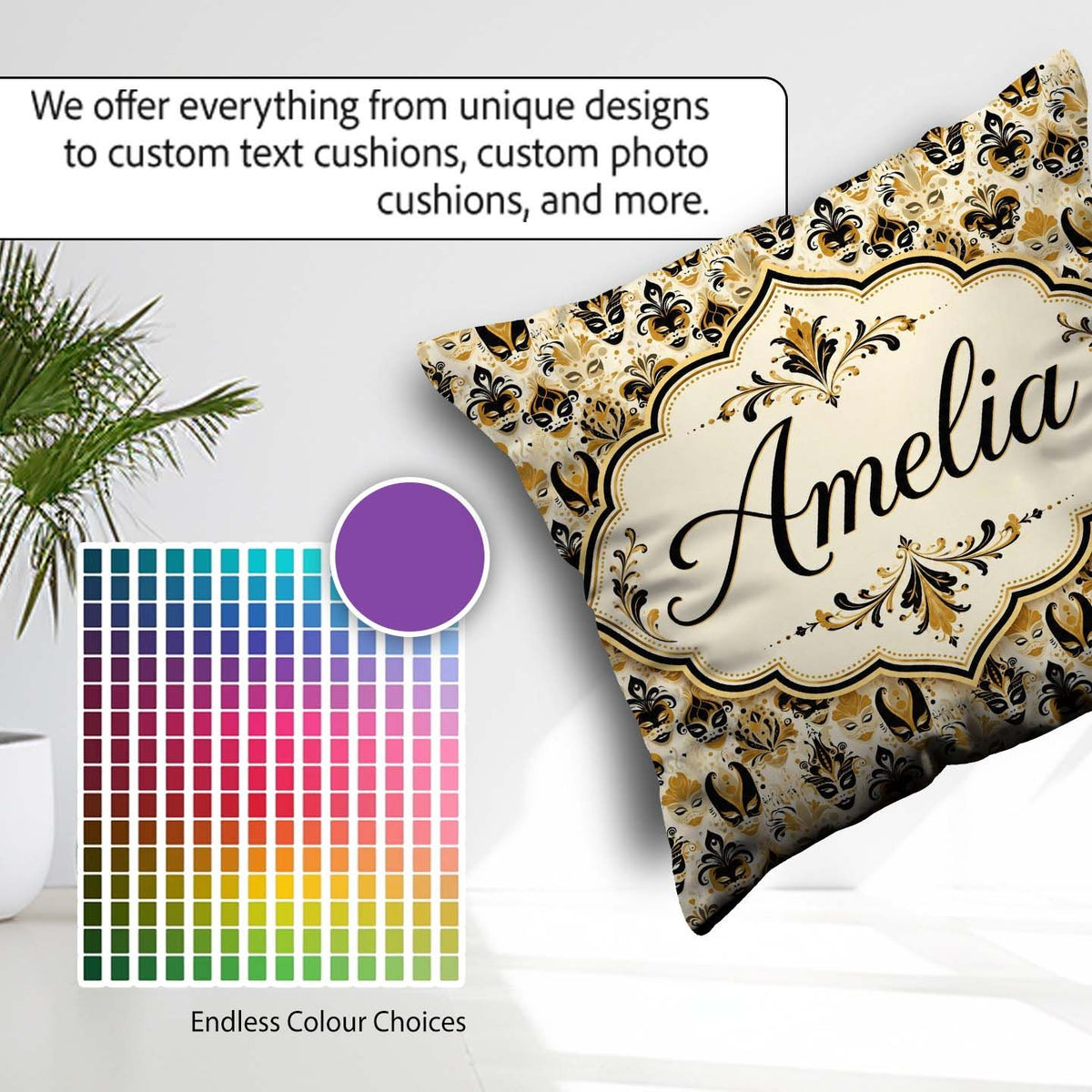 Custom Name Classic Black and Gold Mask Pattern Swirling Details Square Filled Cushion Throw Pillow Sofa Bed Home Decor Zip Washable UK Made