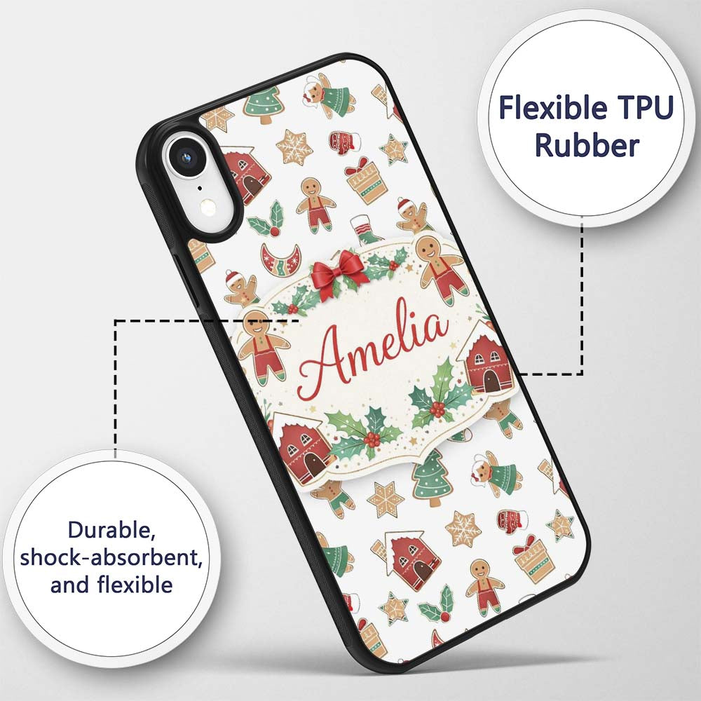 Gingerbread Christmas Cookie Pattern Cute Holiday Custom Name Protective Phone Case Mobile Cover Durable Everyday Smartphone Shock Resistant