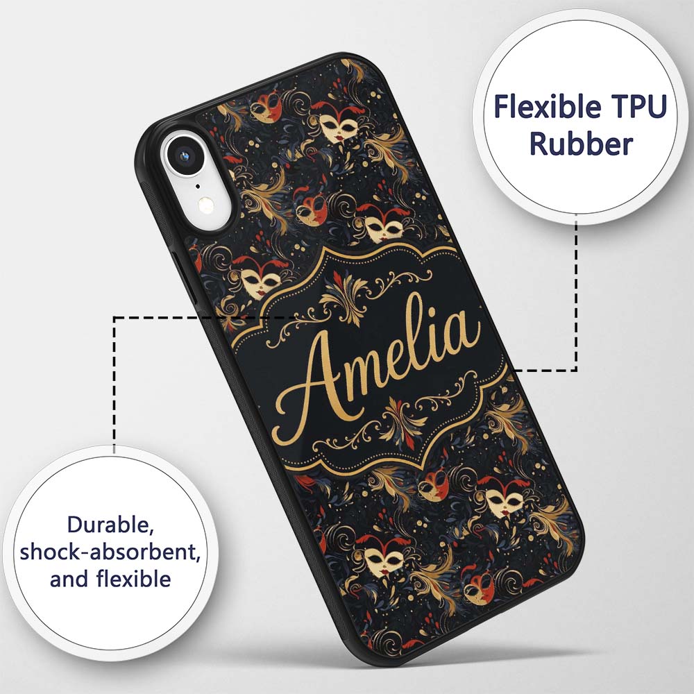 Colourful Carnival Masks with Feathers and Floral Custom Name Protective Phone Case Mobile Cover Durable Everyday Smartphone Shock Resistant
