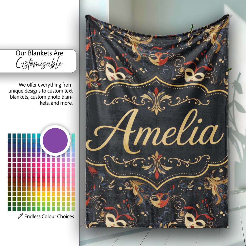 Colourful Carnival Masks with Feathers and Floral Accents Seamless  Personalised Custom Name Super Soft Fleece Blanket Bed Sofa Throw