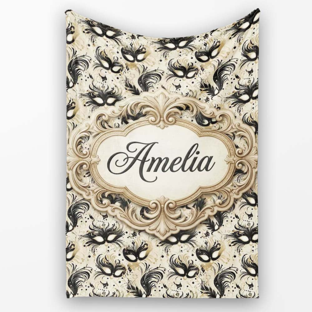 Elegant Feathered Masks with Vintage Script Background Seamless  Personalised Custom Name Super Soft Fleece Blanket Bed Sofa Throw