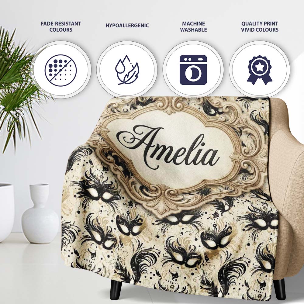 Elegant Feathered Masks with Vintage Script Background Seamless  Personalised Custom Name Super Soft Fleece Blanket Bed Sofa Throw
