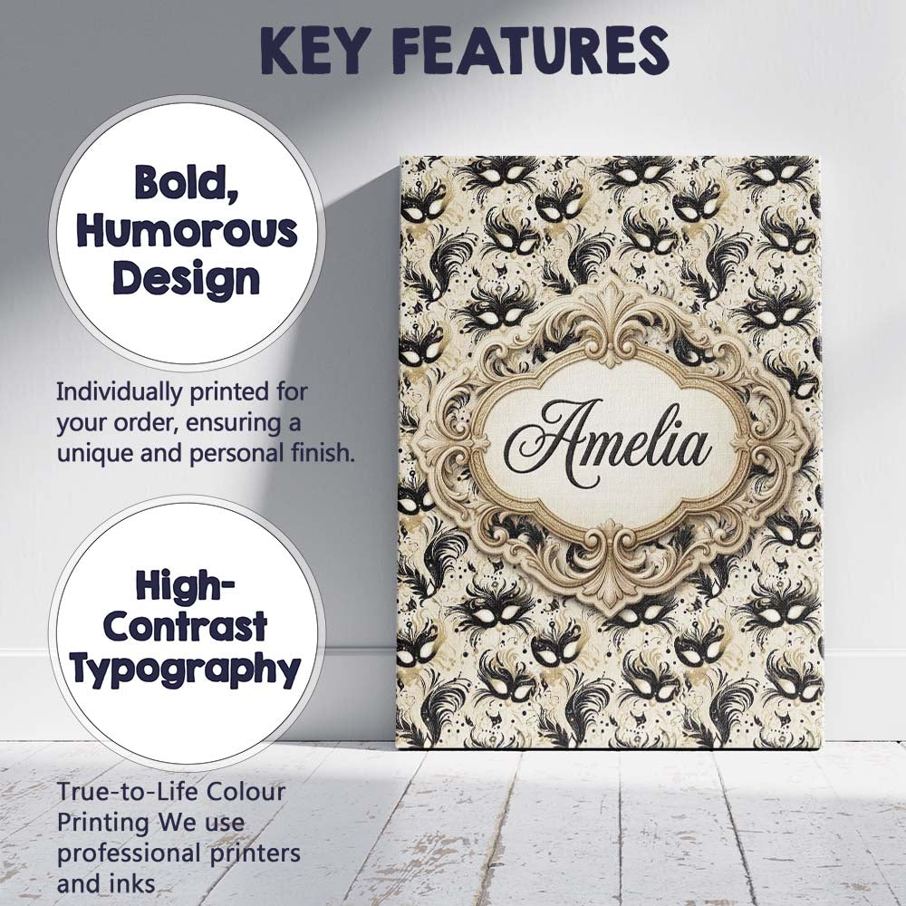 Personalised Name Elegant Feathered Masks Custom  Bespoke Decorative Contemporary Canvas Wall Art Print Decor Picture Ready to Hang