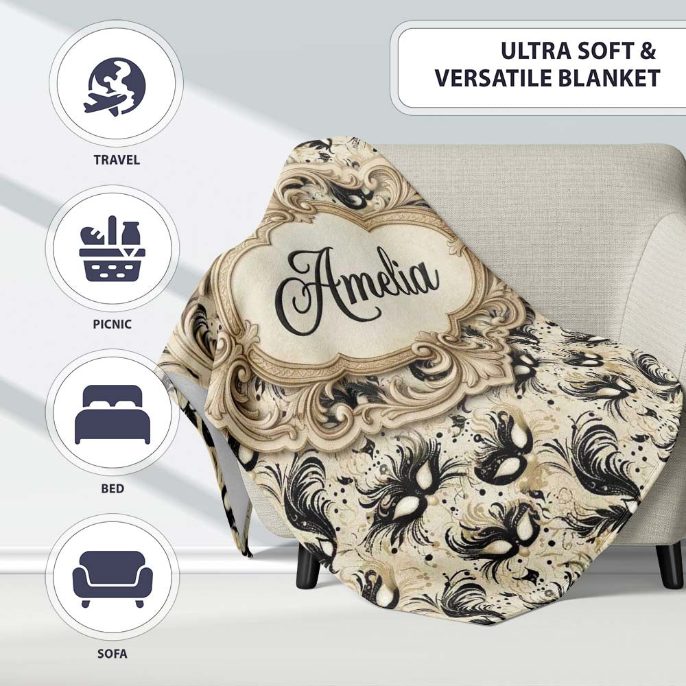 Elegant Feathered Masks with Vintage Script Background Seamless  Personalised Custom Name Super Soft Fleece Blanket Bed Sofa Throw