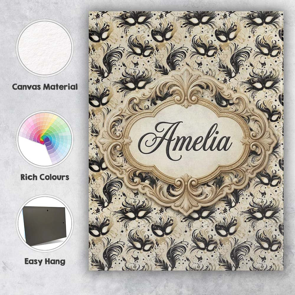 Personalised Name Elegant Feathered Masks Custom  Bespoke Decorative Contemporary Canvas Wall Art Print Decor Picture Ready to Hang