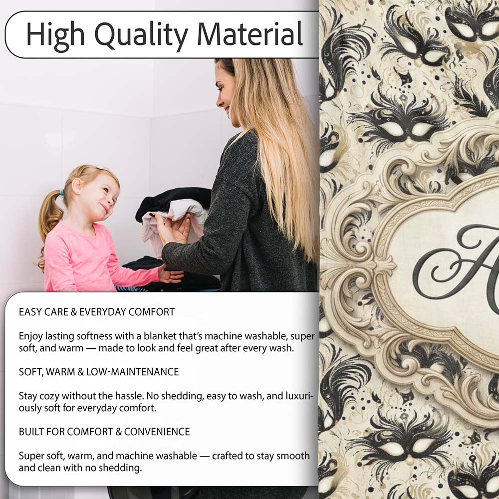 Elegant Feathered Masks with Vintage Script Background Seamless  Personalised Custom Name Super Soft Fleece Blanket Bed Sofa Throw