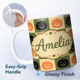 Personalized Custom Name Olive Pumpkin Checkerboard Rustic Autumn Seamless Pattern UK Name 11oz Ceramic Coffee Tea Mug White Large Handle