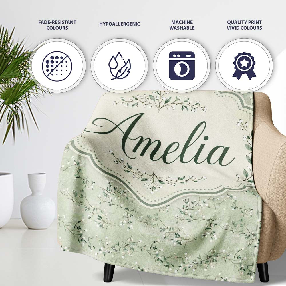 Delicate Green Botanical Branches with White Berries Seamless Lovely  Personalised Custom Name Super Soft Fleece Blanket Bed Sofa Throw