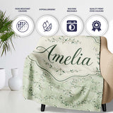Delicate Green Botanical Branches with White Berries Seamless Lovely  Personalised Custom Name Super Soft Fleece Blanket Bed Sofa Throw