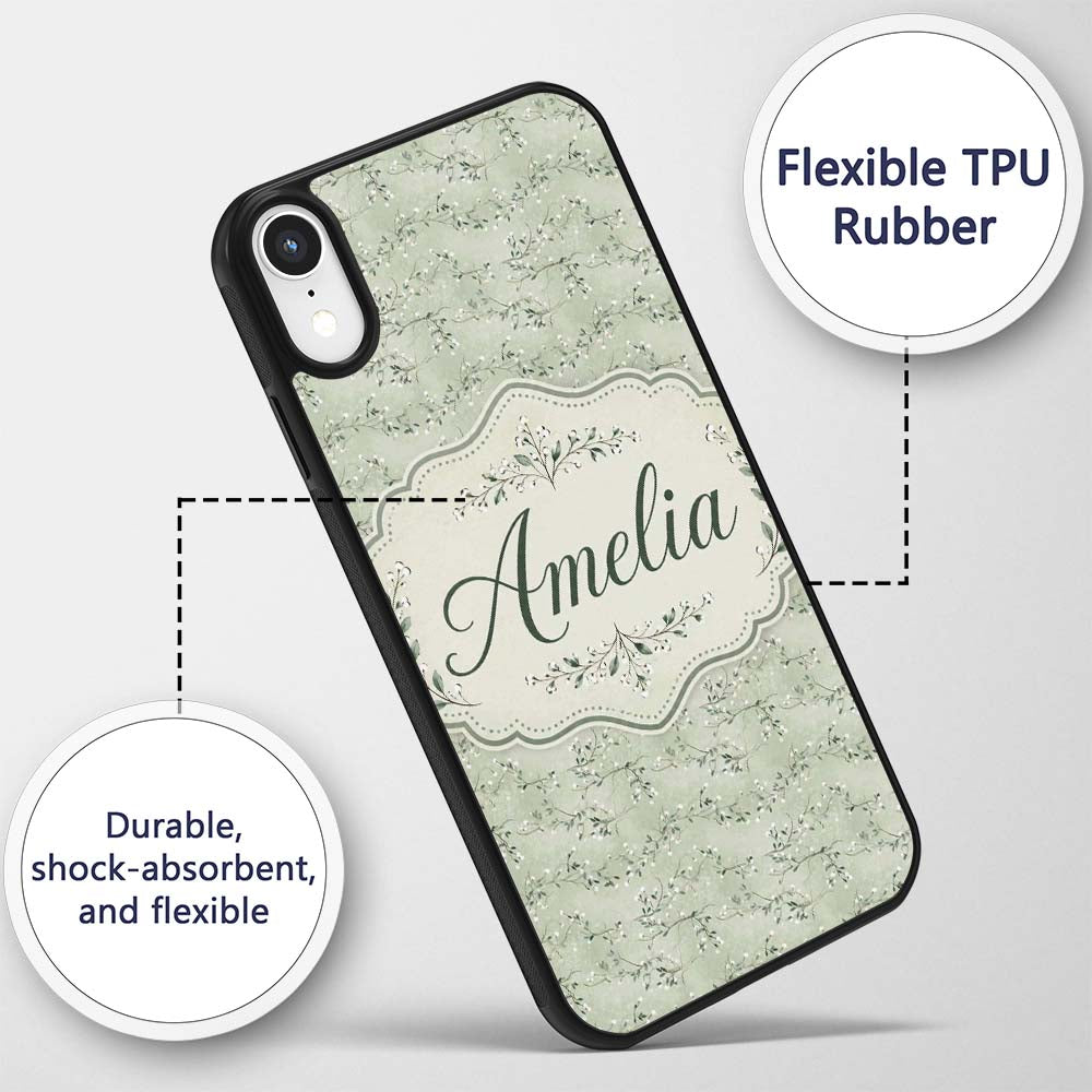 Delicate Green Botanical Branches with White Custom Name Protective Phone Case Mobile Cover Durable Everyday Smartphone Shock Resistant