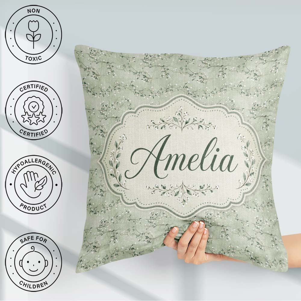 Custom Name Delicate Green Botanical Branches with White Berries Square Filled Cushion Throw Pillow Sofa Bed Home Decor Zip Washable UK Made