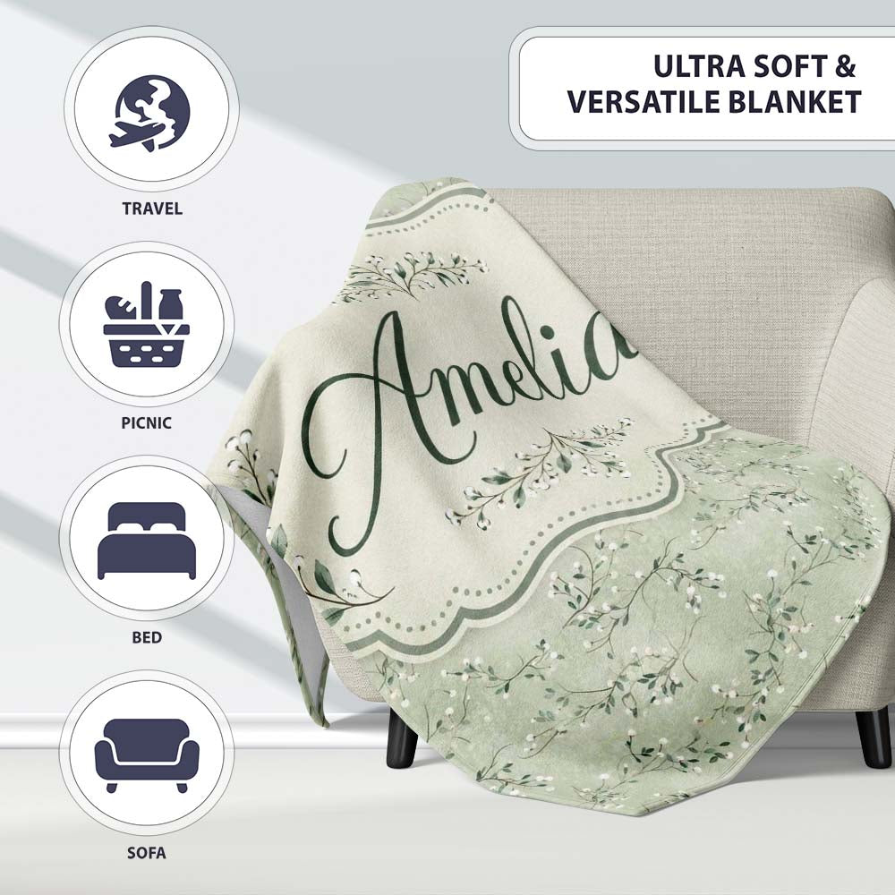 Delicate Green Botanical Branches with White Berries Seamless Lovely  Personalised Custom Name Super Soft Fleece Blanket Bed Sofa Throw