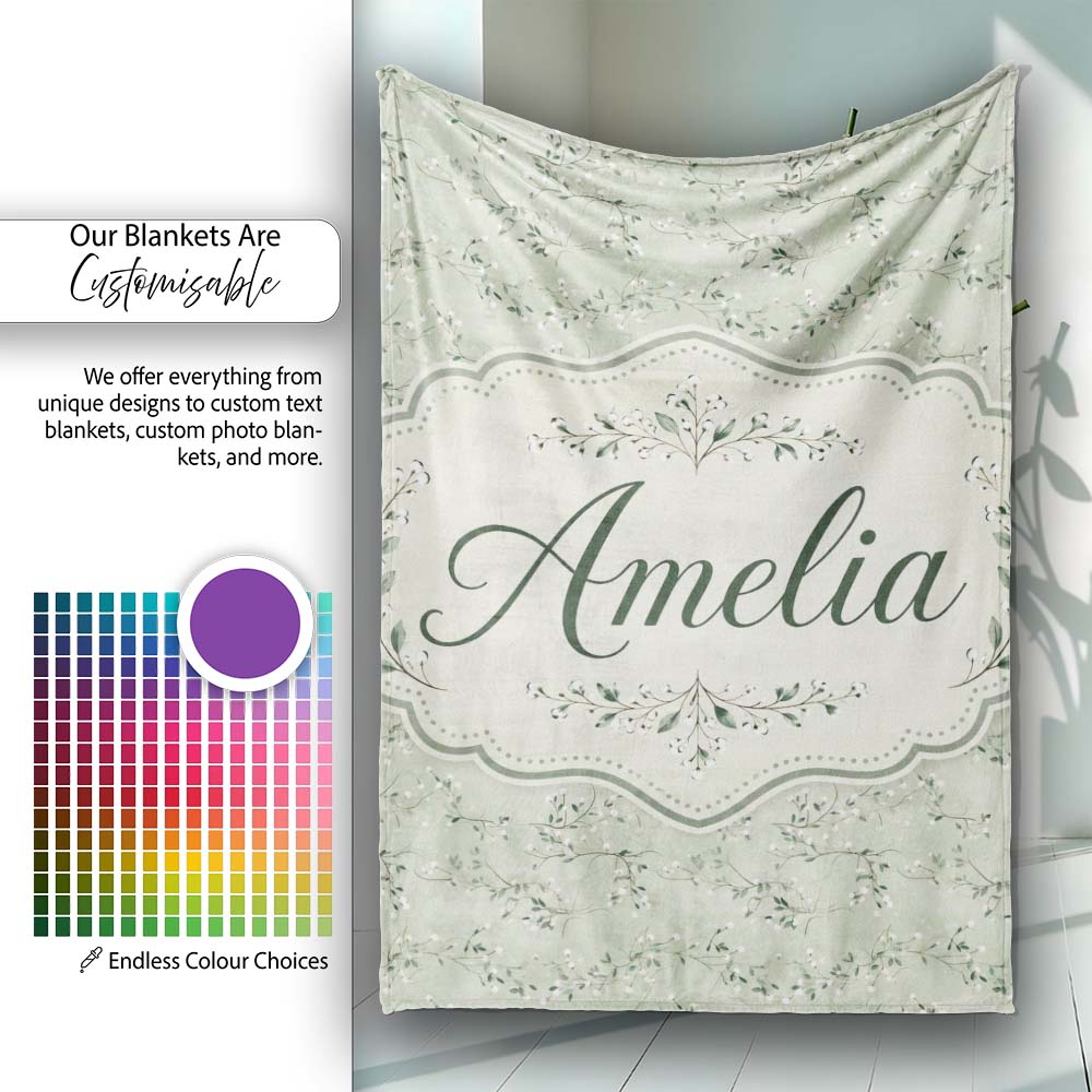 Delicate Green Botanical Branches with White Berries Seamless Lovely  Personalised Custom Name Super Soft Fleece Blanket Bed Sofa Throw