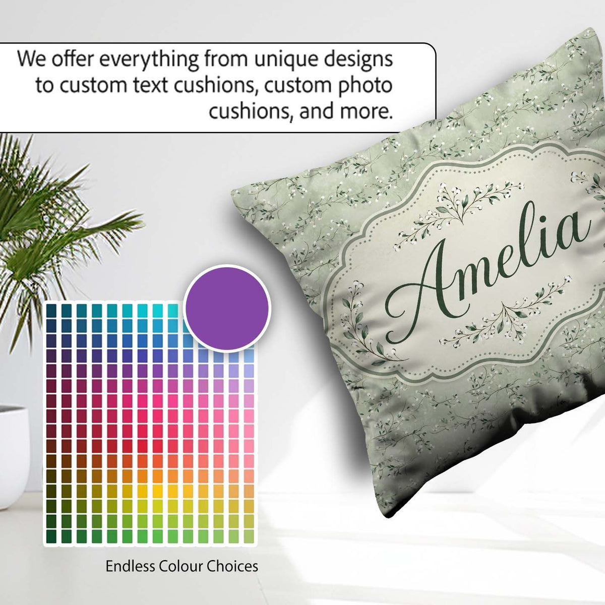 Custom Name Delicate Green Botanical Branches with White Berries Square Filled Cushion Throw Pillow Sofa Bed Home Decor Zip Washable UK Made