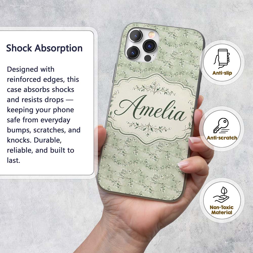 Delicate Green Botanical Branches with White Custom Name Protective Phone Case Mobile Cover Durable Everyday Smartphone Shock Resistant