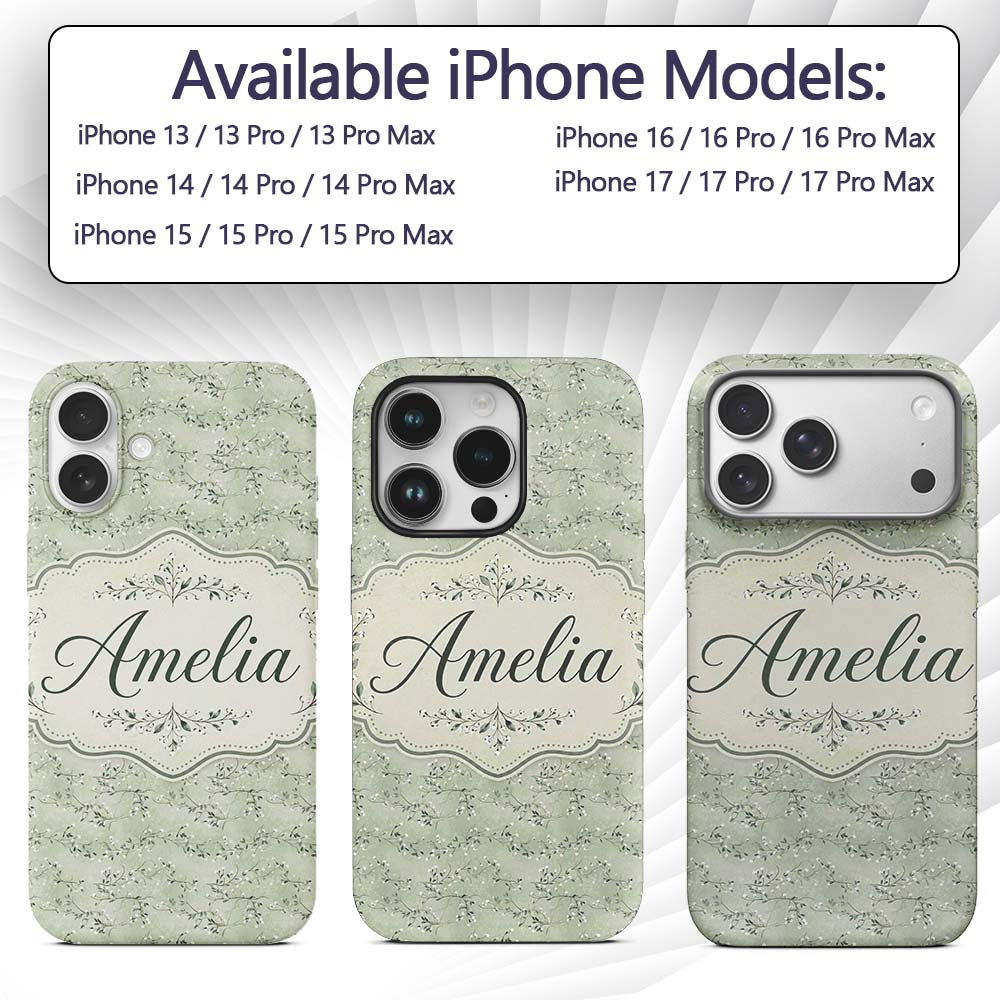 Delicate Green Botanical Branches with White Custom Name Protective Phone Case Mobile Cover Durable Everyday Smartphone Shock Resistant