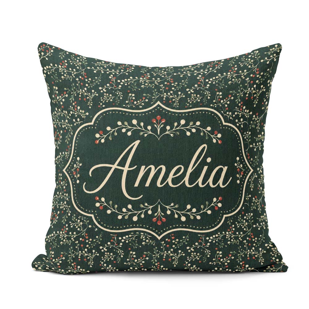 Custom Name Festive Holly Berry Branches on Deep Green Seamless Square Filled Cushion Throw Pillow Sofa Bed Home Decor Zip Washable UK Made