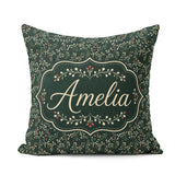 Custom Name Festive Holly Berry Branches on Deep Green Seamless Square Filled Cushion Throw Pillow Sofa Bed Home Decor Zip Washable UK Made