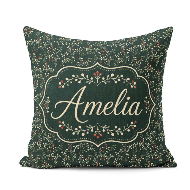 Custom Name Festive Holly Berry Branches on Deep Green Seamless Square Filled Cushion Throw Pillow Sofa Bed Home Decor Zip Washable UK Made