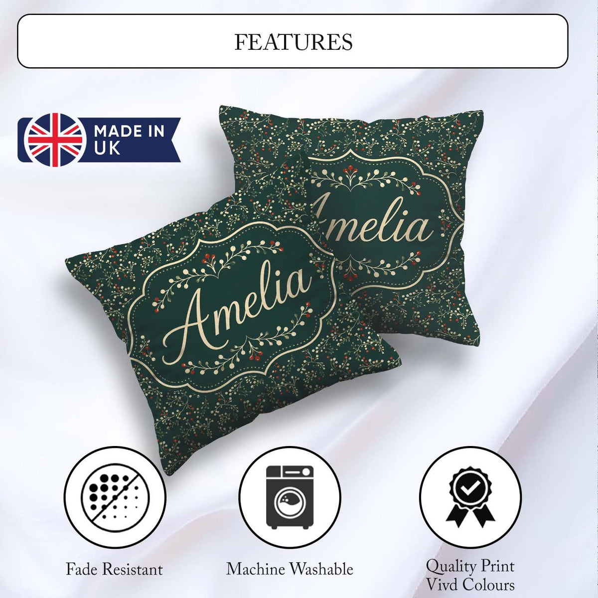 Custom Name Festive Holly Berry Branches on Deep Green Seamless Square Filled Cushion Throw Pillow Sofa Bed Home Decor Zip Washable UK Made