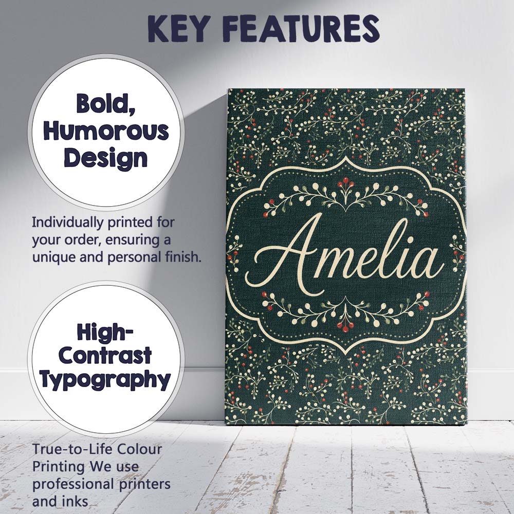 Personalised Name Festive Holly Berry Custom Modern Room Accent Creative Decorator Style Canvas Wall Art Print Decor Picture Ready to Hang