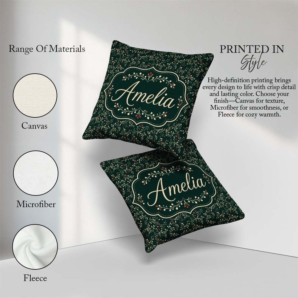 Custom Name Festive Holly Berry Branches on Deep Green Seamless Square Filled Cushion Throw Pillow Sofa Bed Home Decor Zip Washable UK Made