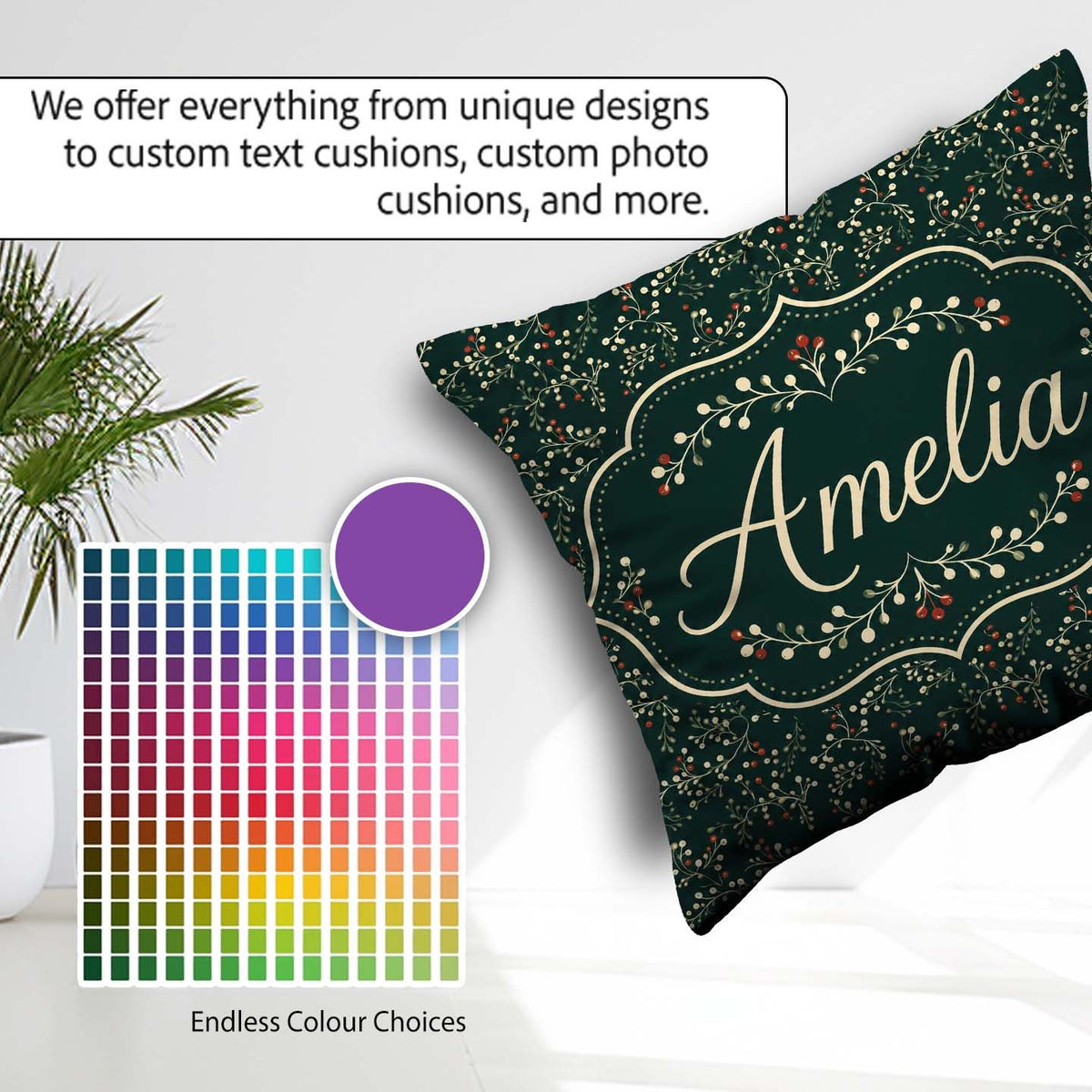 Custom Name Festive Holly Berry Branches on Deep Green Seamless Square Filled Cushion Throw Pillow Sofa Bed Home Decor Zip Washable UK Made
