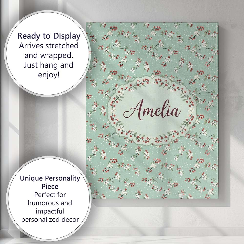 Personalised Name Light Blue Floral and Custom  Modern Room Accent Elegant Feature Canvas Wall Art Print Decor Picture Ready to Hang