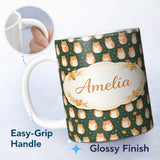 Personalized Custom Name Green Background Playful Hamster Seamless Pattern Cute Unique Gift 11oz Ceramic Coffee Tea Mug White Large Handle