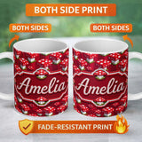 Personalized Custom Name Red White Mushroom Pixel Art Seamless Pattern Cute Unique Gift 11oz Ceramic Coffee Tea Mug White Large Handle
