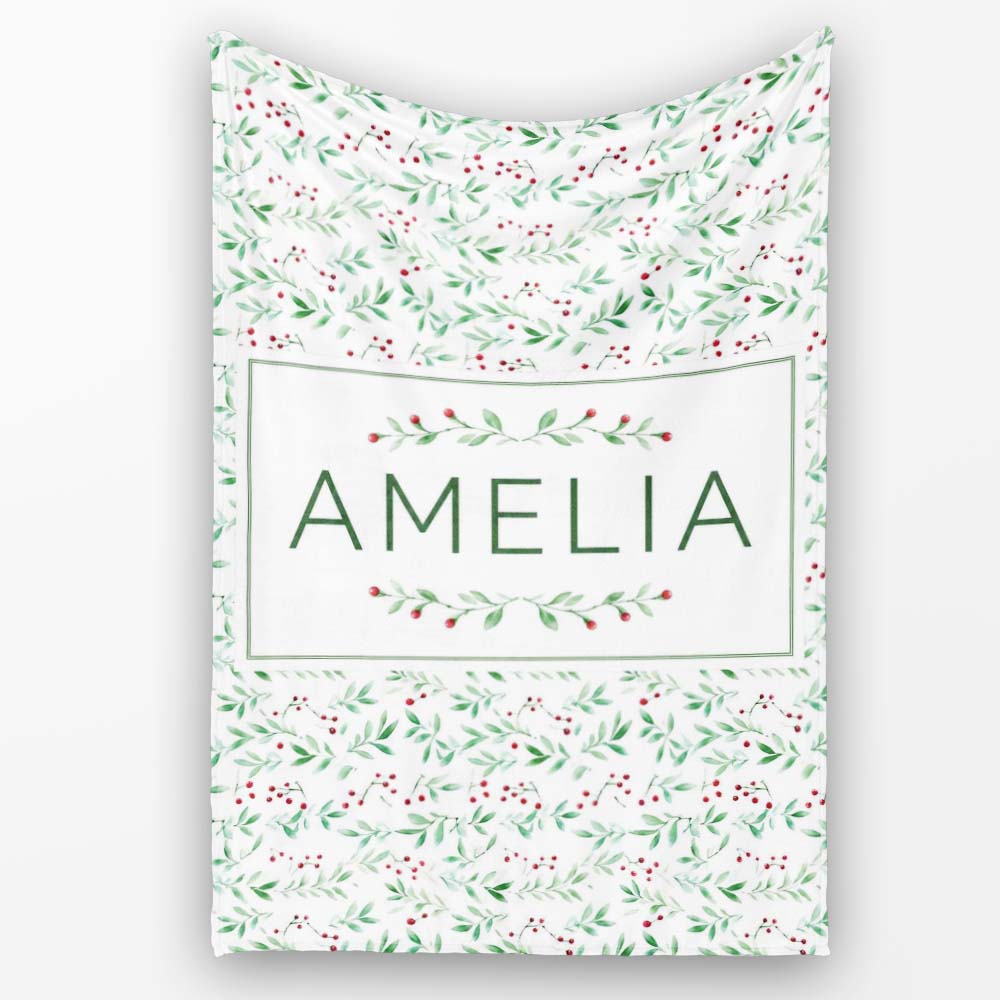 Watercolor Green Leaves and Red Berry Seamless Botanical Pattern  Personalised Custom Name Super Soft Fleece Blanket Bed Sofa Throw
