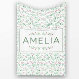 Watercolor Green Leaves and Red Berry Seamless Botanical Pattern  Personalised Custom Name Super Soft Fleece Blanket Bed Sofa Throw