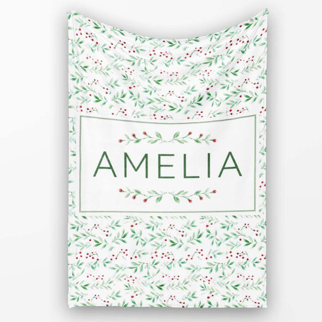 Watercolor Green Leaves and Red Berry Seamless Botanical Pattern  Personalised Custom Name Super Soft Fleece Blanket Bed Sofa Throw