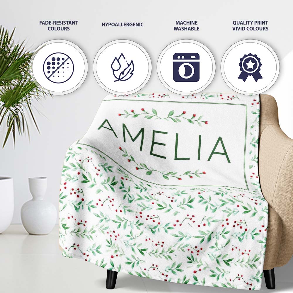 Watercolor Green Leaves and Red Berry Seamless Botanical Pattern  Personalised Custom Name Super Soft Fleece Blanket Bed Sofa Throw