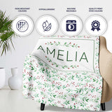 Watercolor Green Leaves and Red Berry Seamless Botanical Pattern  Personalised Custom Name Super Soft Fleece Blanket Bed Sofa Throw