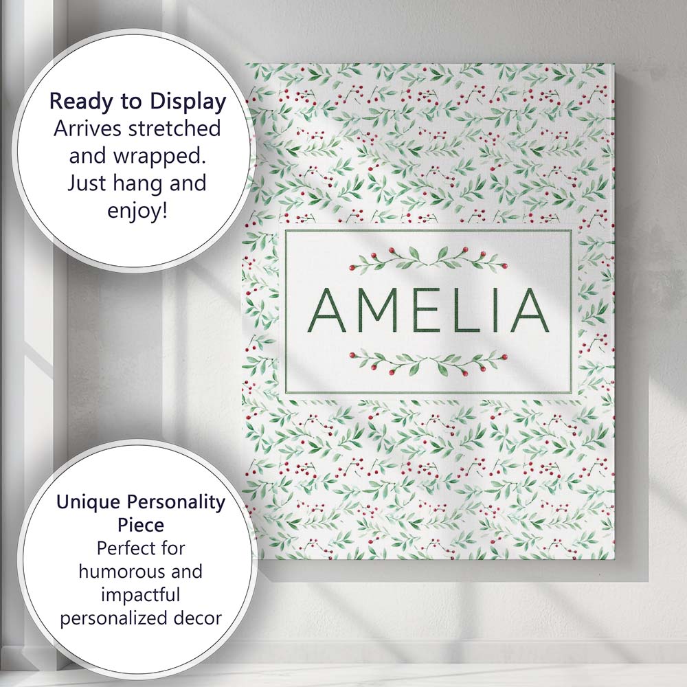Personalised Name Watercolor Green Leaves Custom  Unique Gift Idea Elegant Feature Canvas Wall Art Print Decor Picture Ready to Hang